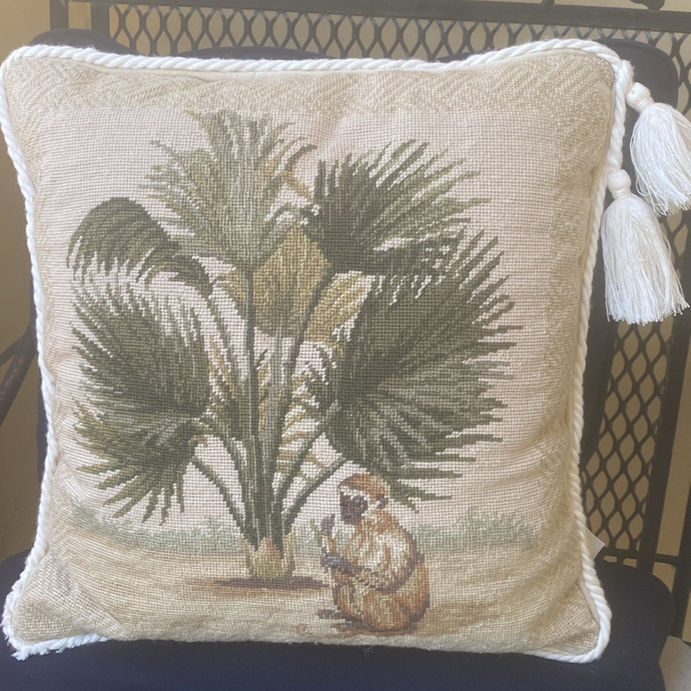 Needle point pillow hand made palm tree a monkey peeling banana green tan brown